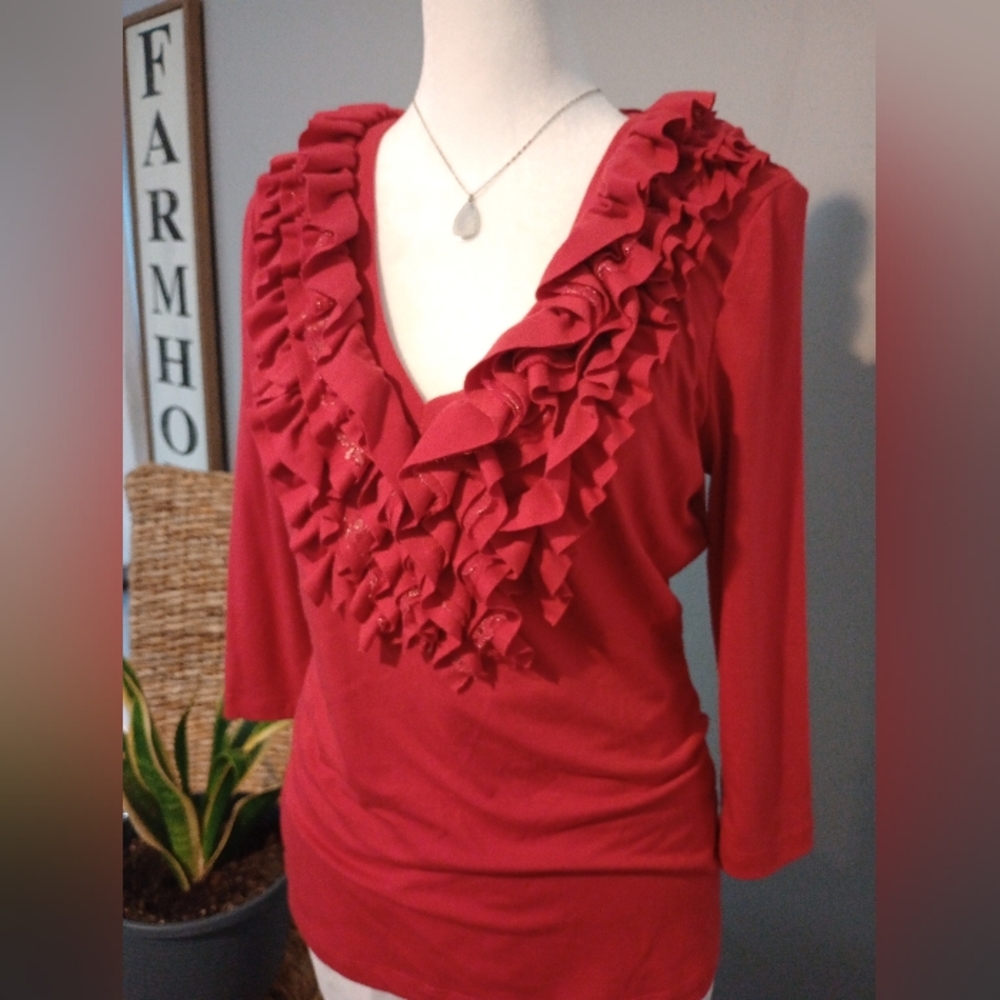 'Casual Express' Ruffled Red Deep V-Neck Top Size Small